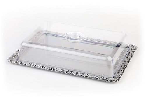 Tablett mit Haube 42 x 31 cm, H: 8 cm 18/0 Edelstahl Haube aus Polystyrol -SCHÖNER ESSEN- stapelbar