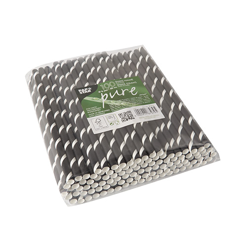 100 Shake-Halme, Papier Ø 8 mm · 20 cm schwarz/weiss "Stripes" von PAPSTAR