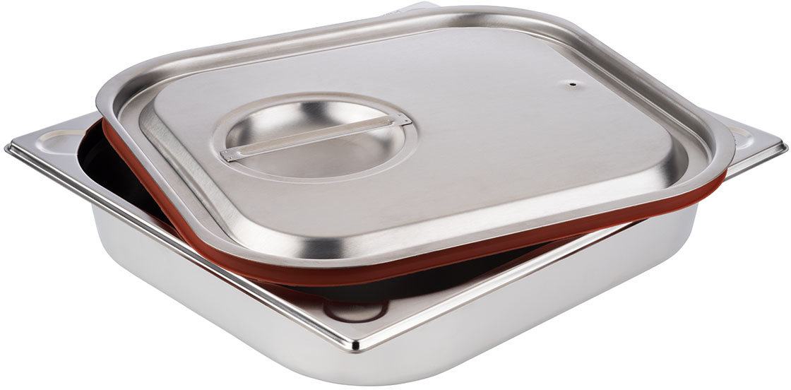 GN 2/3 Transport-Steck-Deckel 35,4 x 32,5 cm Edelstahl mit roter Silikondichtung für den schwappsicheren Transport Nicht für den