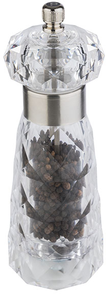 Pfeffermühle -DIAMOND- Ø 6 cm, H: 18 cm Acryl, Edelstahl, mattiert Farbe: transparent Mahlwerk aus Carbonstahl Mahlgrad