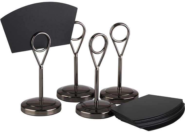 Kartenhalter, 4er Set Ø 5 cm, H: 10,5 cm Edelstahl, Gunmetal inklusive 20 schwarzen Beschriftungskarten aus Polypropylen, je