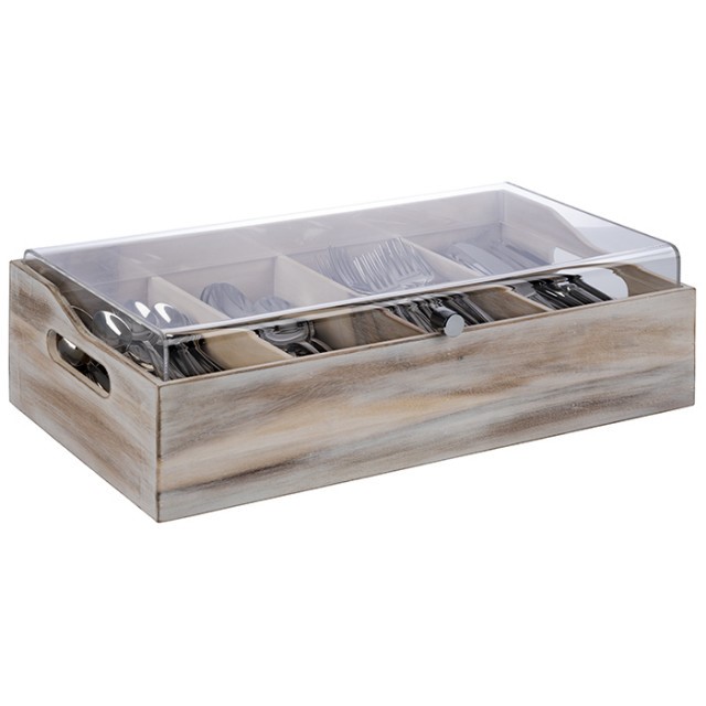 APS Besteckbehälter VINTAGE mit 4 Fächern und mit Deckel, Material: Akazienholz, Acryl. Maß: 51 x 28 cm, H: 14,5 cm.