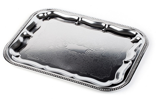 Partyplatte, rechteckig 41 x 31 cm, Metall vernickelt und glanzverchromt Innenfläche ziseliert Rand eingerollt nicht
