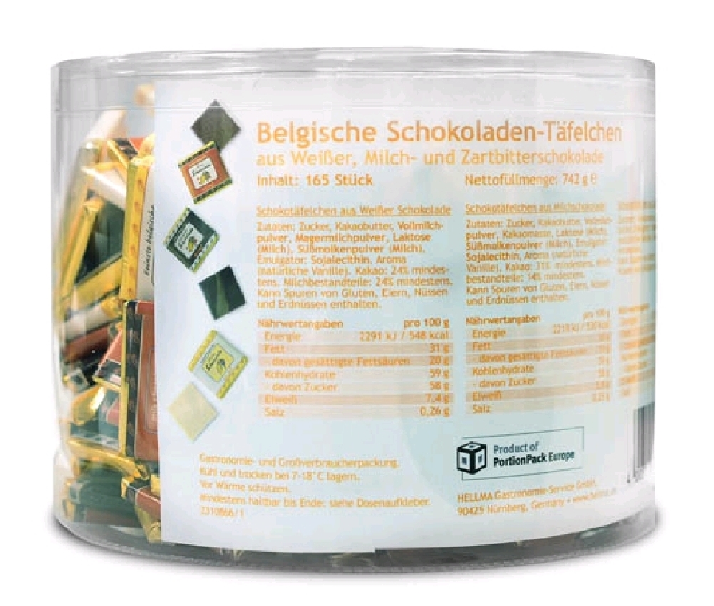 Hellma Belgische Schokoladen-Täfelchen, Inhalt: 165 Stück à 4,5 g je Runddose.