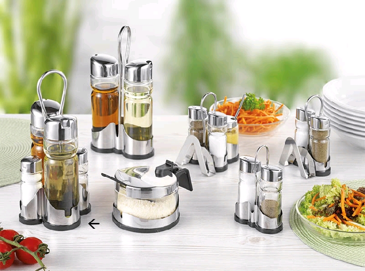 Menage Essig/Öl/Salz/Pfeffer 5-tlg. NEW LINE, Länge: 9,5 cm, Breite: 9,5 cm, Höhe: 22 cm, Gestell Edelstahl 18/0 m schwarzem Kunststoffboden