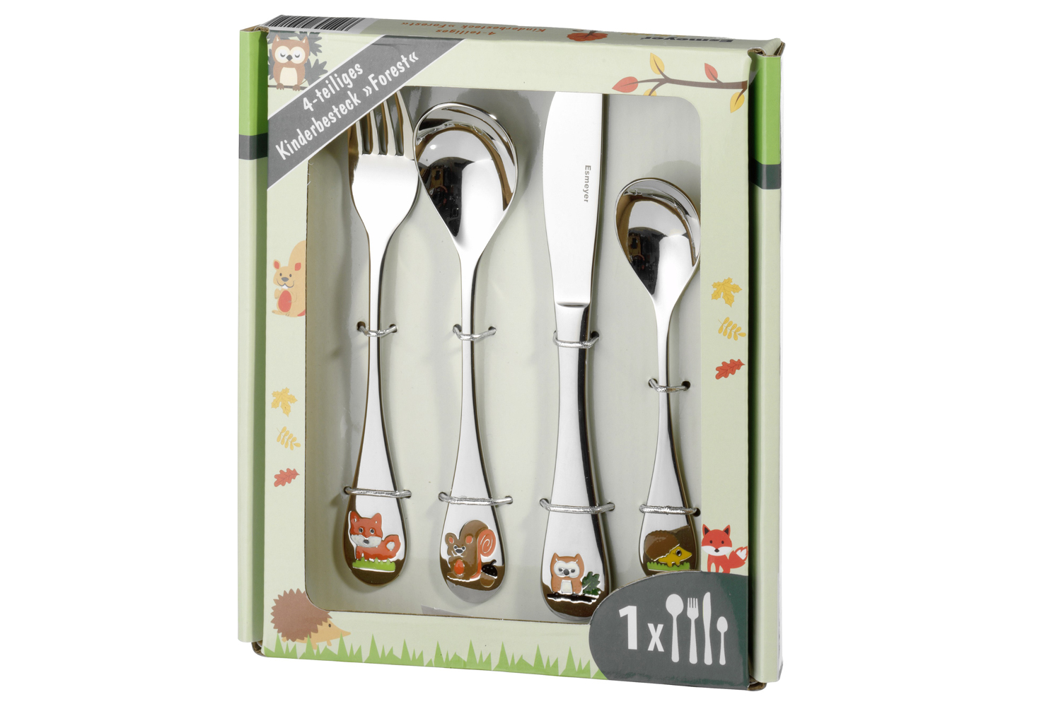 4-teiliges Kinderbesteck FOREST von Esmeyer, aus Edelstahl 18/10, poliert. Messer aus Klingenstahl.
