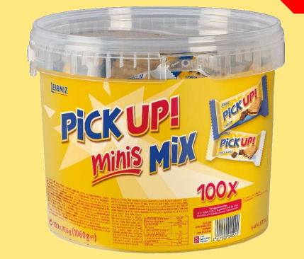 BAHLSEN Pick-Up Minis, 100 Stück à 10,6g im Eimer, 2-Fach sortiert, 50x Schoko und 50x Schoko & Milch Hygienisch einzeln verpackt.