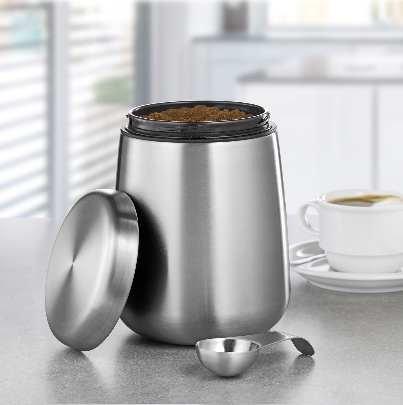 Vorratsdose AVIGNON, aus Edelstahl 18/10, Edelstahl mattiert, Maße: Höhe ca. 16,5 cm, Durchmesser ca. 11,5 cm.