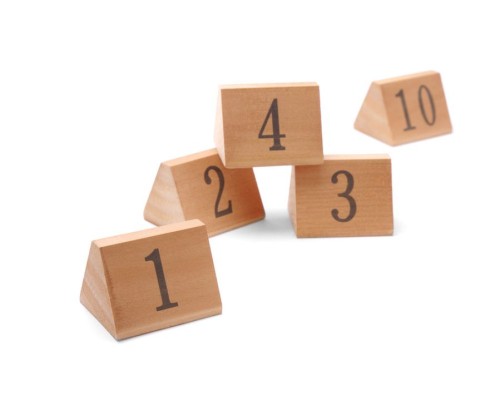 Tischnummerschilder 1 bis 10 aus Holz, 55x48x44 mm