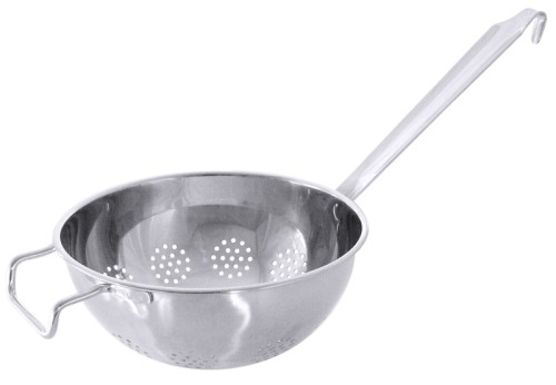 Stielsieb /  Blanchiersieb aus Edelstahl 18/10, matt poliert, mit Flachstiel, 3 mm-Lochung, mit verstärktem Rand, extra schwere