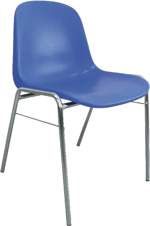 Schalenstuhl aus Kunststoff, Farbe: blau, Gestell: Metall verchromt, Stapelhöhe: bis zu 6 Stühle