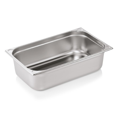 GN 1/1 Behälter, Materialstärke 0,6 mm, Randverstärkung durch geprägte U-Ecken. Material: Chromnickelstahl. Serie: GN 76. Inhalt in Litern: