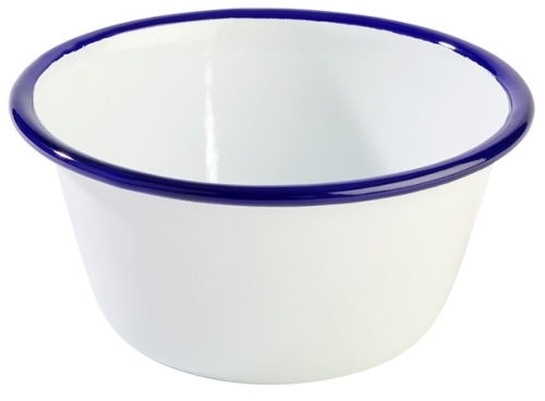 Schale -ENAMELWARE- Ø 13 cm, H: 6 cm, 0,5 Liter emailliertes Stahlblech innen: weiß außen: weiß Rand: blau