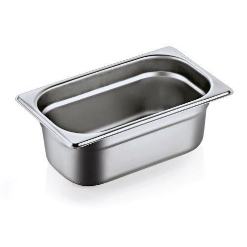 GN 1/4 Behälter, Materialstärke 0,7 mm. Material: Chromnickelstahl 18/8. Serie: GN 90. Inhalt in Litern: 2,8. Maße: Höhe: 100 mm