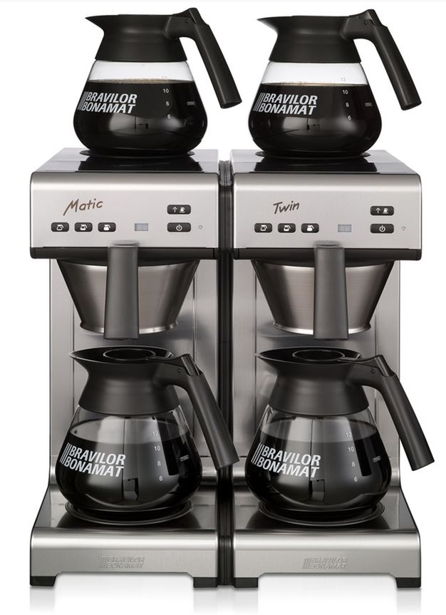 MONDO TWIN Kaffeemaschine von Bonamat, 2 Brühsysteme und 4 Warmhalteplatten, mit 4 Glaskannen