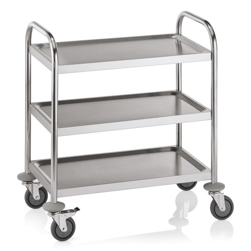 Servierwagen, 3 Borde. Tragfähigkeit 30 kg pro Bord, 4 schwenkbare Rollen mit Rammschutz, davon 2 mit Feststeller, abmessung pro Bord: 68,5 x