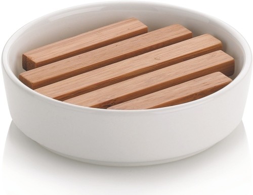 Kela Seifenschale Natura Keramik weiß 3cm 11,5cmØ Edler Chic: runde Seifenschale NATURA aus weiß glänzender Keramik mit Holzeinlage aus Bambus.