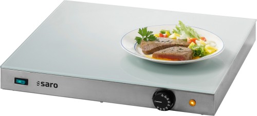 SARO Warmhalteplatte Modell GENUA Made in Europe - Material: (Gehäuse) Edelstahl, (Heizfläche) Sicherheitsglas - Kabelaustritt auf der