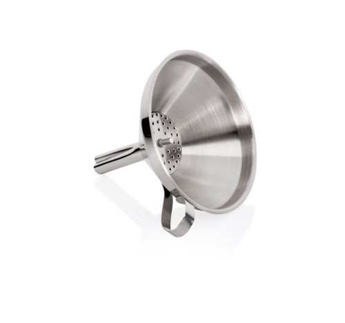 Trichter. Durchlauf Ø 1,6 cm. Chromnickelstahl. mit Seitengriff und herausnehmbarem Sieb.