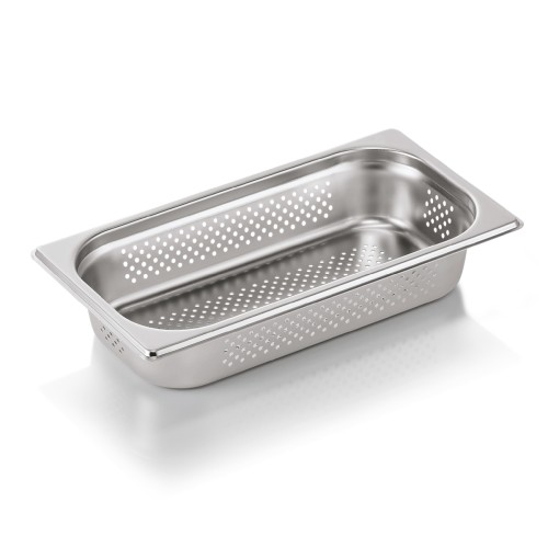 GN 1/3 Behälter, Boden- und Seitenlochung. Materialstärke 0,6 mm. Material: Chromnickelstahl. Serie: GN 71. Inhalt in Litern: