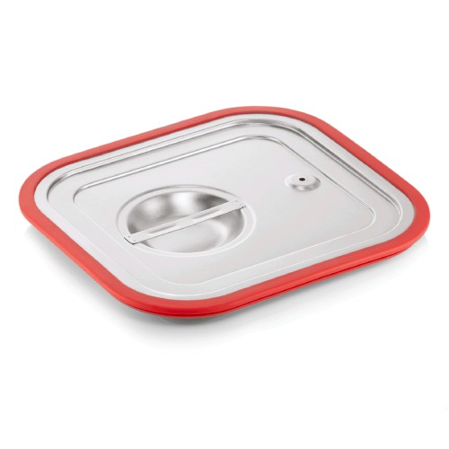 GN 2/3 Transportdeckel, mit umlaufender Silikondichtung und Loch gegen Unterdruck. Material: Chromnickelstahl, Silikon. Serie: GN 70.