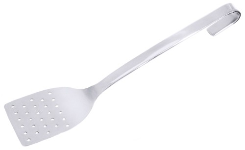 Pfannenschaufel mit perforiertem Blatt, aus Edelstahl 18/10, hochglänzend, fugenlos, mit kurzem Stiel, 3,5 mm Lochung schwere Qualität