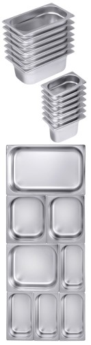 GN-Behälter Serie 7000 aus Edelstahl 18/10 DIN 66075 bzw. EuroNorm 631-1, stapelbar, Ausgangsmaterialstärke: 0,8 mm, schwere Qualität.