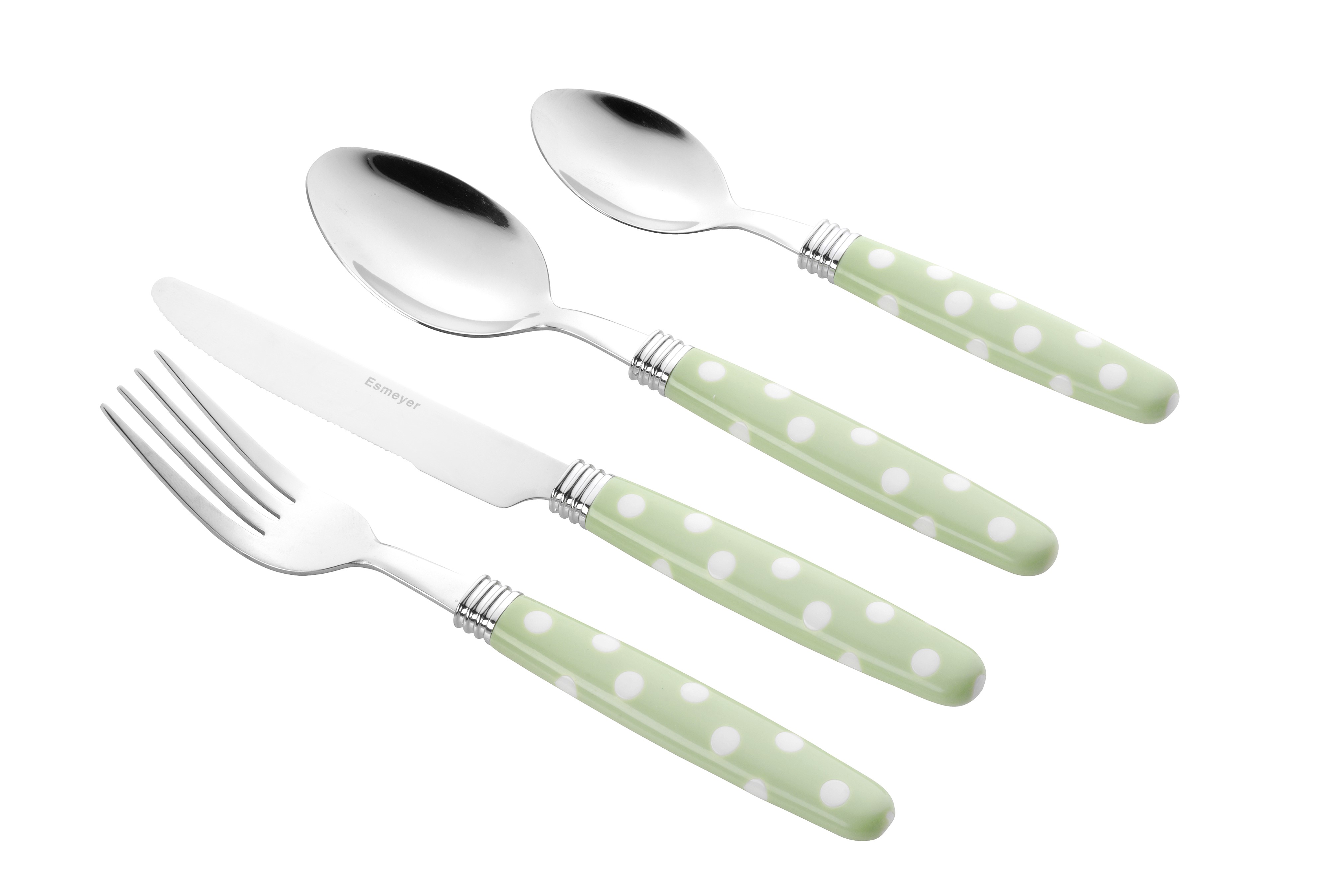 24-teiliges Besteck LIANA, lindgrün mit weißen Punkten, aus Edelstahl 18/0 poliert, Messer aus Klingenstahl.