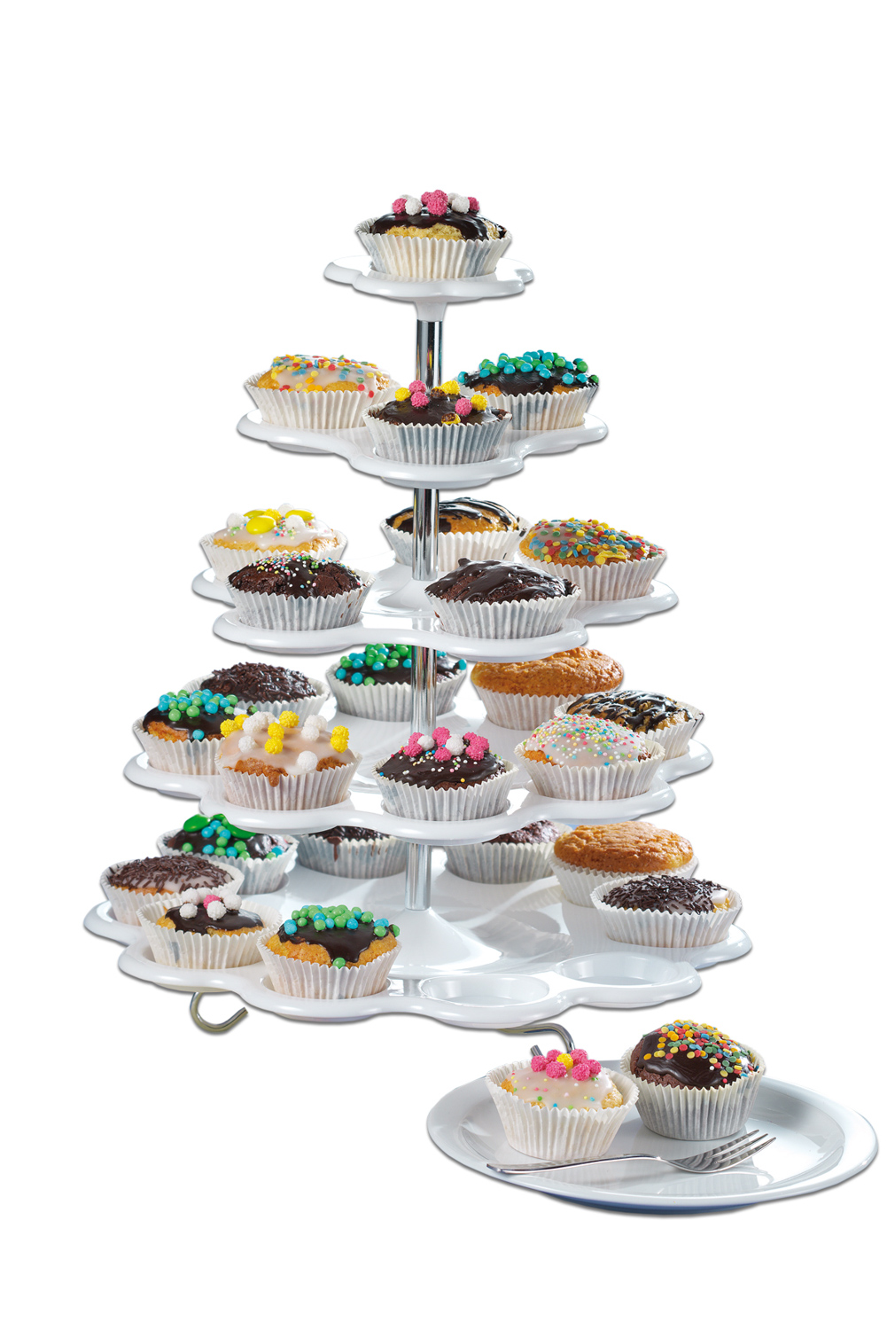 5-stufige Muffinetagere MANDY Material: Kunststoff, Höhe gesamt: ca. 33,0 cm. Durchmesser der untersten Platte ca. 31,0 cm,