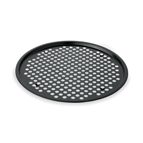 Pizzablech, mit PTFE Antihaftbeschichtung, mit eingepressten Füßchen, Perforierung Ø 9 mm. Material: Stahl / Stahlblech / Stahldraht.
