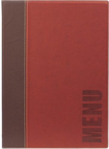 Speisekartenmappe für DIN A4 Blätter einschließlich einer Einlegefolie aus feinem Kunstleder, mit Aufdruck MENU, leicht zu