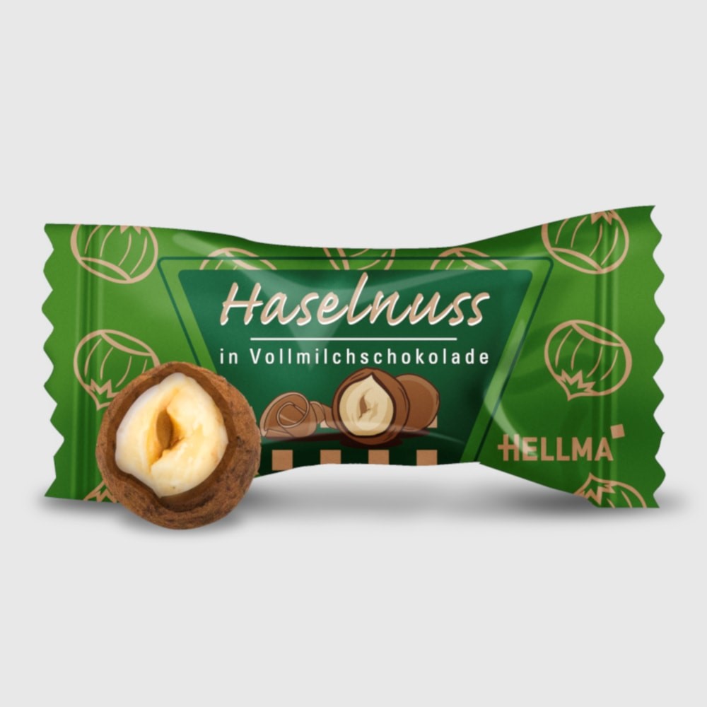 HELLMA Haselnuss Vollmilch, Inhalt. 380 Stk. Geröstete Haselnuss in Vollmilchschokolade, bestäubt mit Kakaopulver