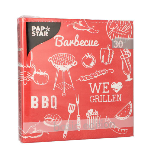 30 Servietten, 3-lagig 1/4-Falz 33 cm x 33 cm "BBQ Love" von PAPSTAR