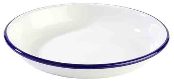 Teller, tief -ENAMELWARE- Ø 22 cm, H: 3,5 cm, 0,6 Liter emailliertes Stahlblech innen: weiß außen: weiß Rand: blau