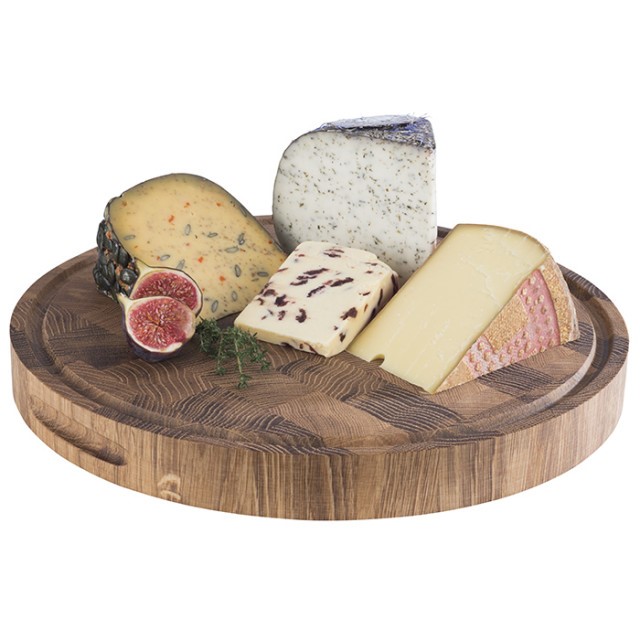 APS Buffetbrett -PROFI-, Ø 39 cm, H: 4,5 cm, Eichenholz, mit Saftrinne, mit 2 seitlichen Eingriffen, mit Antirutsch-Füßchen