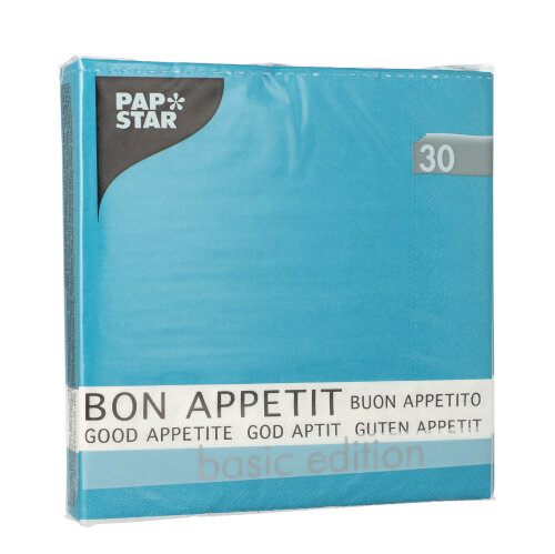 30 Servietten, 3-lagig 1/4-Falz 33 cm x 33 cm türkis "Bon Appetit" von PAPSTAR