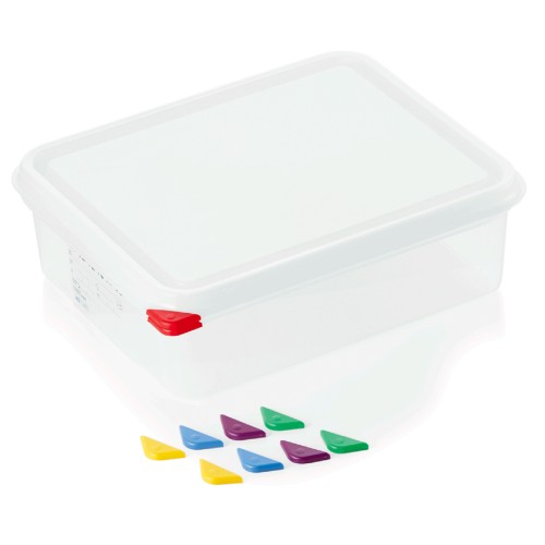 GN 1/2 Behälter, BPA frei, Deckel hermetisch schließend, Inklusive 5 Markierungs-Clips in den Farben: rot, blau, gelb, grün, lila, Behälter sind
