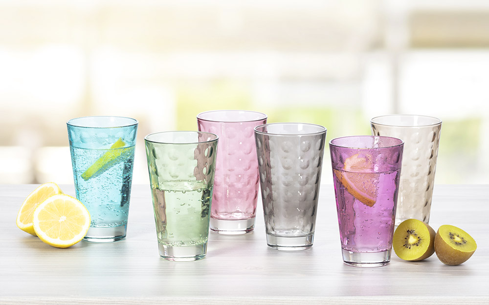 6 Bechergläser "OPTIC" von LEONARDO, bunt (wie Abb.). Inhalt 300 ml, Höhe je 13 cm. **Restposten**