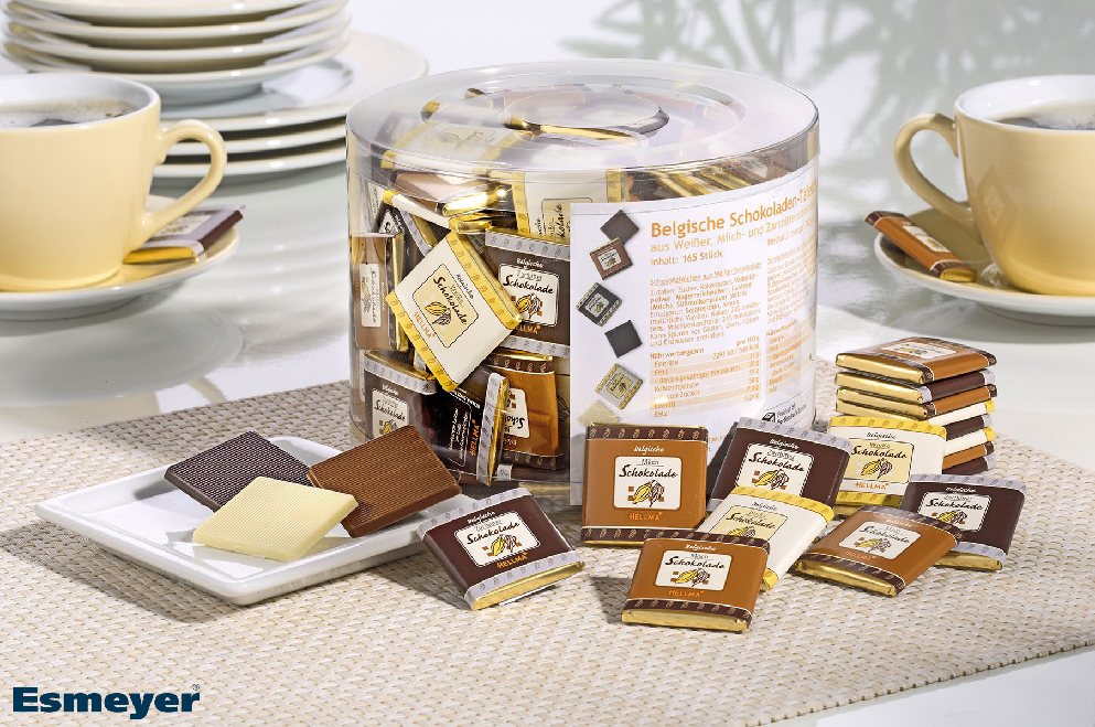 Hellma Belgische Schokoladen-Täfelchen, Inhalt: 165 Stück à 4,5 g je Runddose.