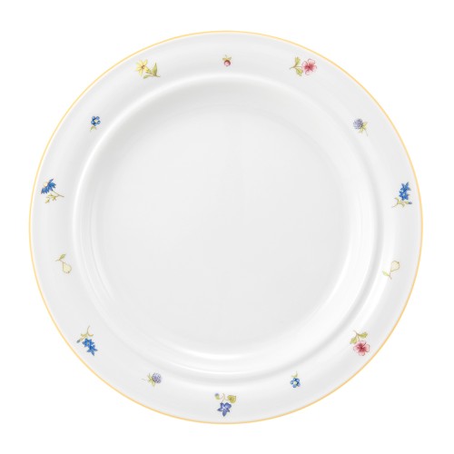 Seltmann Teller flach 25,5 cm (Systemteller), rund, Form: Community, Dekor: 57387 Streublume gelbe Linie