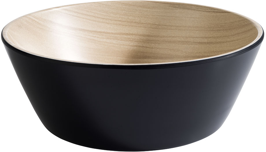 Schale -FRIDA- Ø 20 cm, H: 7,5 cm Melamin innen: Holzoptik außen: schwarz 1,2 Liter spülmaschinengeeignet stapelbar nicht
