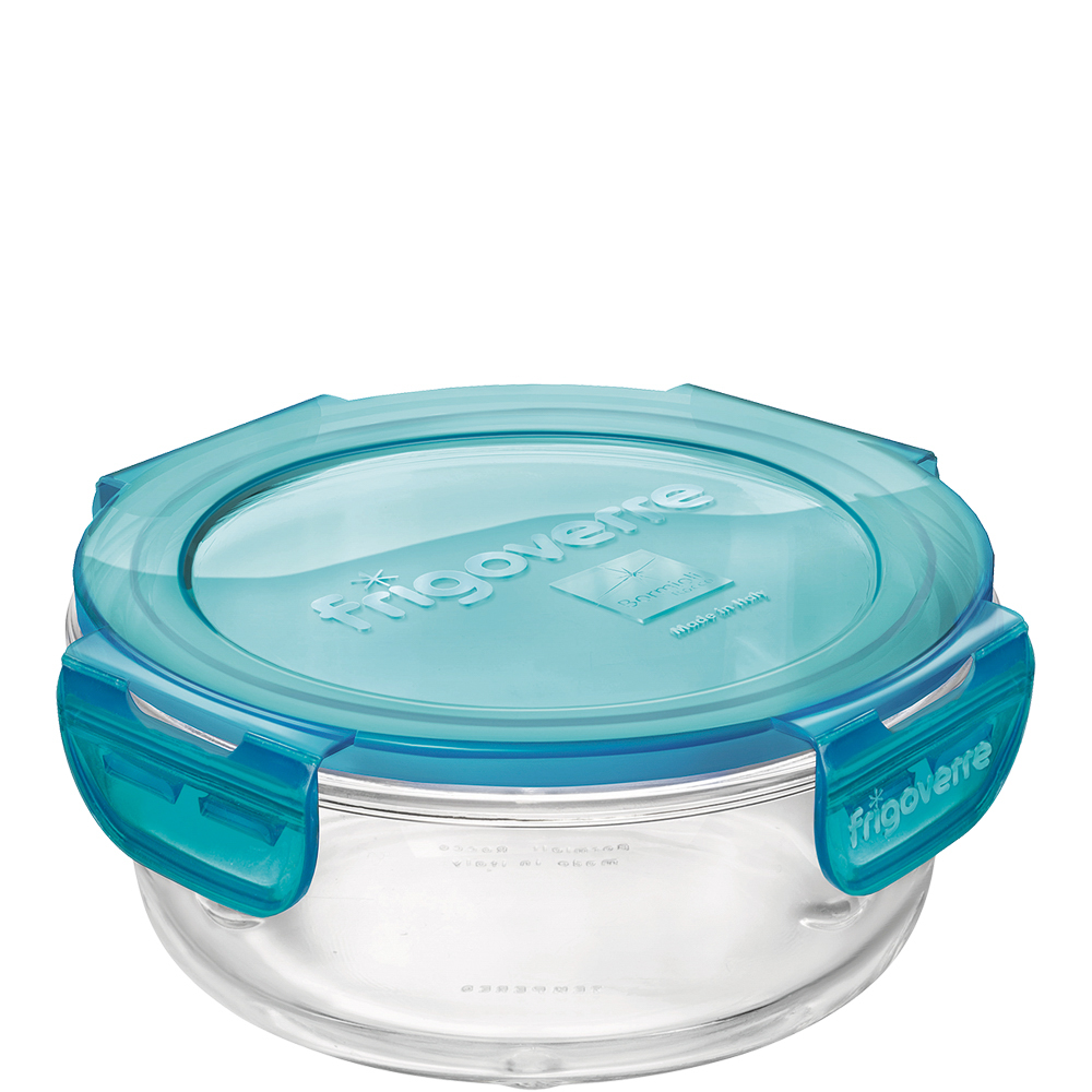 Bormioli Rocco Frigoverre Evolution Box rund 50cl, 140x140mm, stapelbar, mit blauem PP-Deckel, blau, Polypropylen (PP)