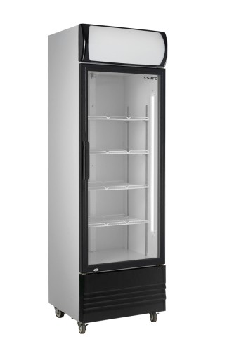 SARO Kühlschrank mit Glastür und Werbetafel, Modell GTK 460 - Material: (Gehäuse) Stahl einbrennlackiert, weiß; (Innenraum) Aluminium weiß
