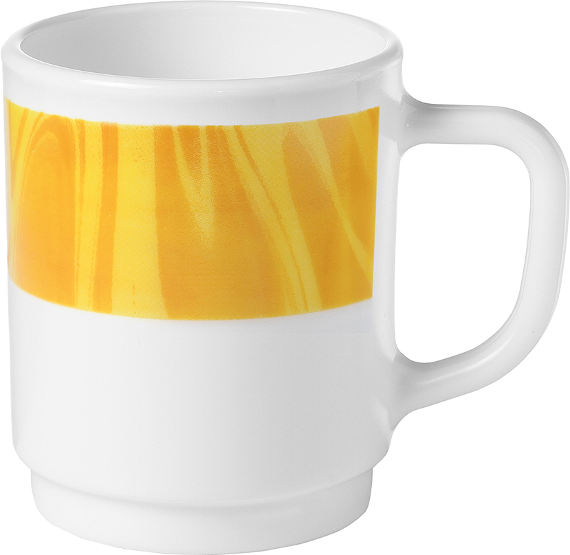 Henkelbecher NATURA mit gelbem Muster. Inhalt ca. 0,25 Liter, aus Opalglas. Von Bormioli Rocco.