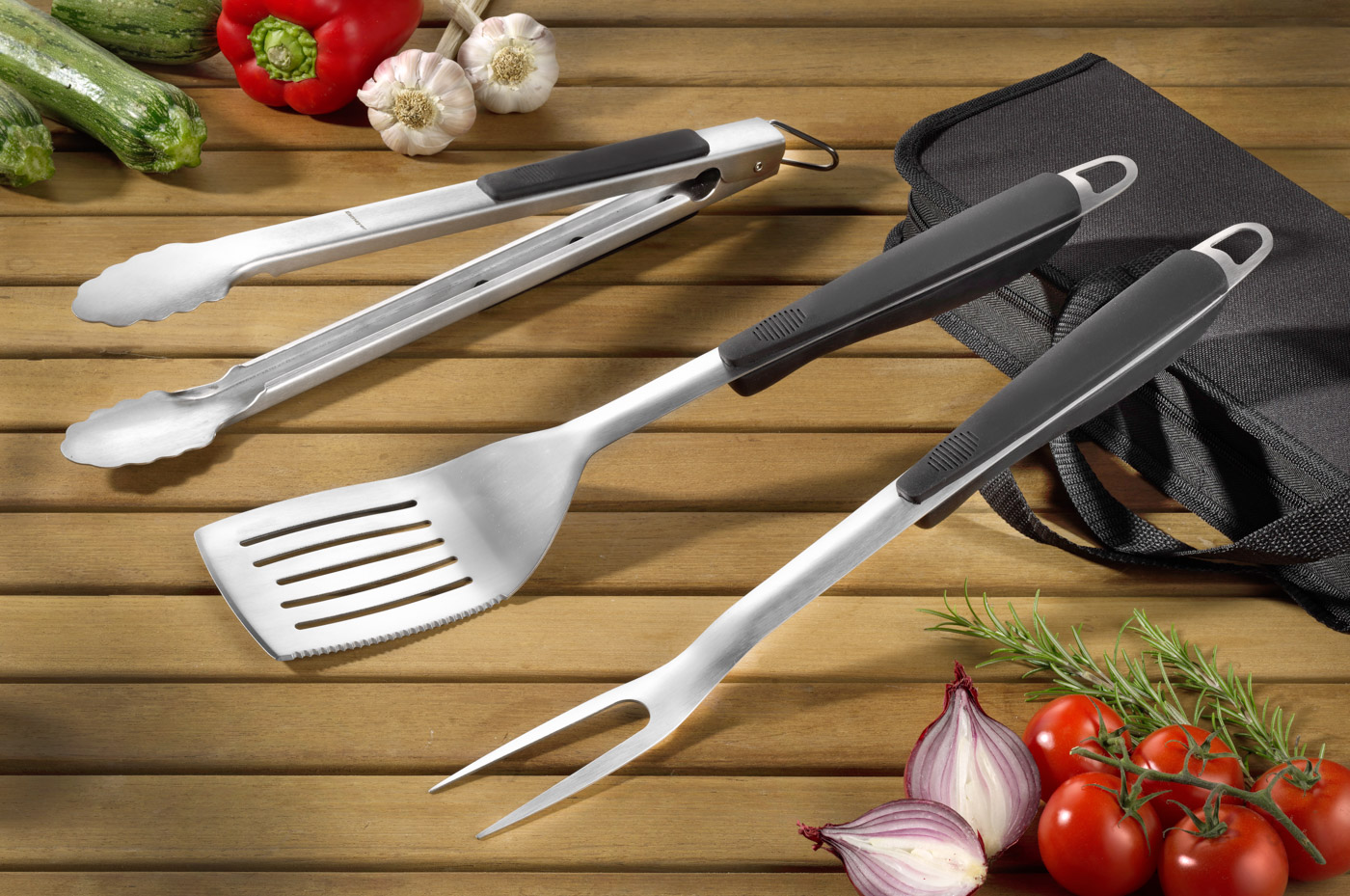 Grillbesteck / BBQ Set TEXAS, 3-teilig inkl. Tasche. Enhält Pfannenwender Gabel und Grillzange. Edelstahl 18/0 und Kunststoffgriff.