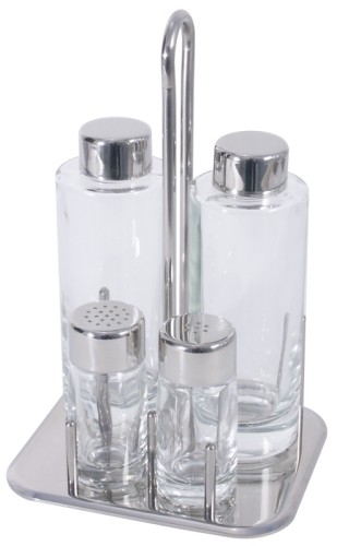 Menage 4-teilig Essig, Öl, Salz Pfeffer, aus Edelstahl 18/10, hochglänzend, mit schweren, glatten Glaseinsätzen Länge: 15 cm,