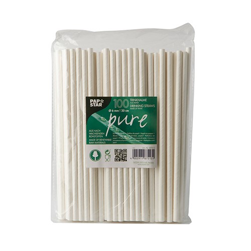100 Trinkhalme, Papier "pure" Ø 6 mm · 20 cm weiss von PAPSTAR