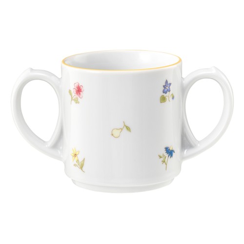 Seltmann Becher mit 2 Henkel 0,28 l, rund, Form: Community, Dekor: 57387 Streublume gelbe Linie, hohe Kantenschlagfestigkeit, Made in Germany