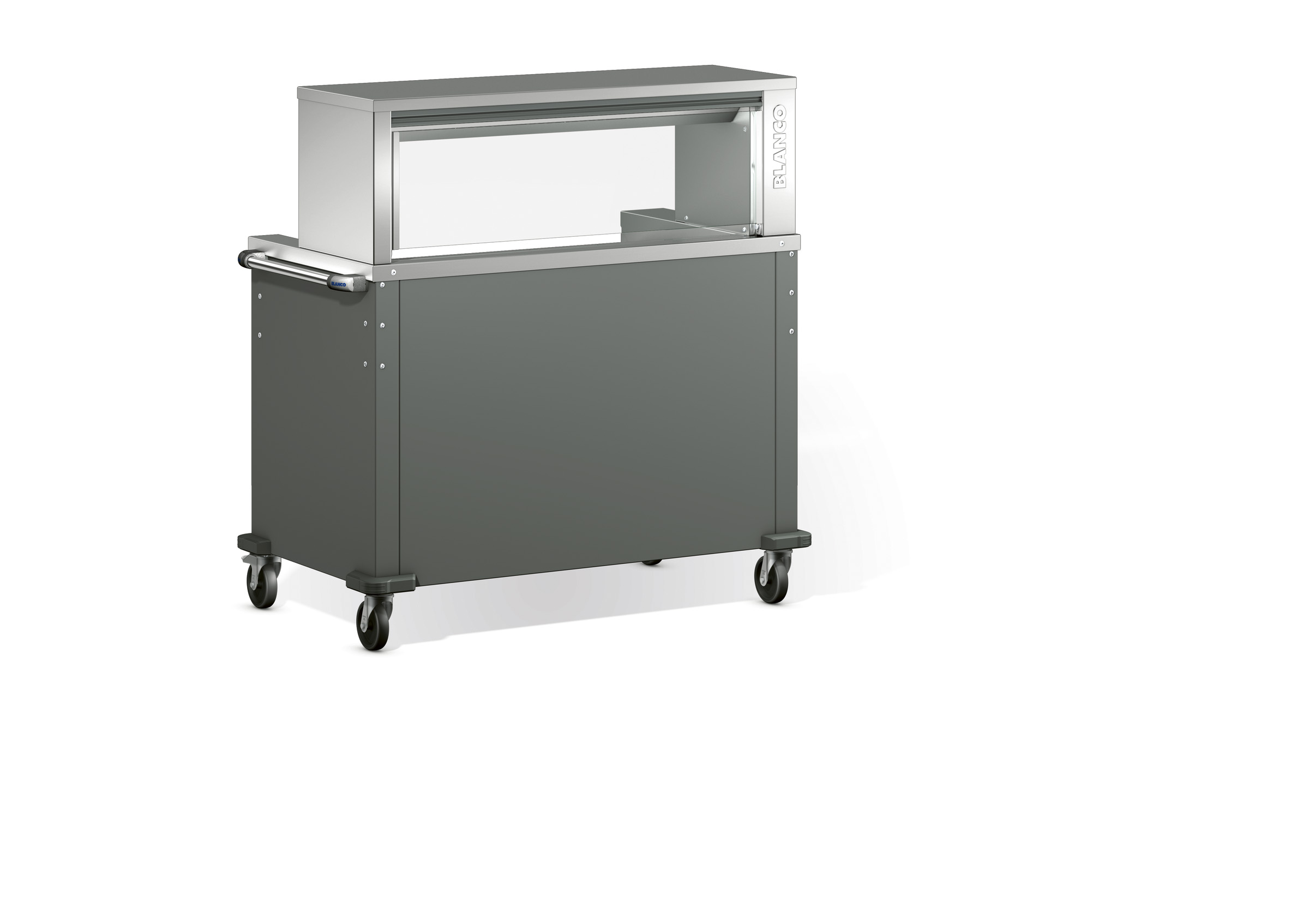 BLANCO mit drei integrierten Induktionskochfeldern, (6 Kochzonen), fahrbar, Edelstahl-Rollen, ø 125 mm, 4 Lenkrollen, davon 2