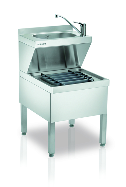 BLANCO Handwasch- und Ausgussbecken-Kombination auf Füßen stehend,, komplett mit 1 Mischbatterie 1/2" und abnehmbarer Serviceblende, Auflagerost